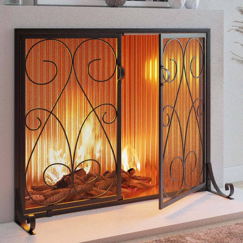 2-Panel Wrought Iron Fireplace Screen with Doors Black F792
