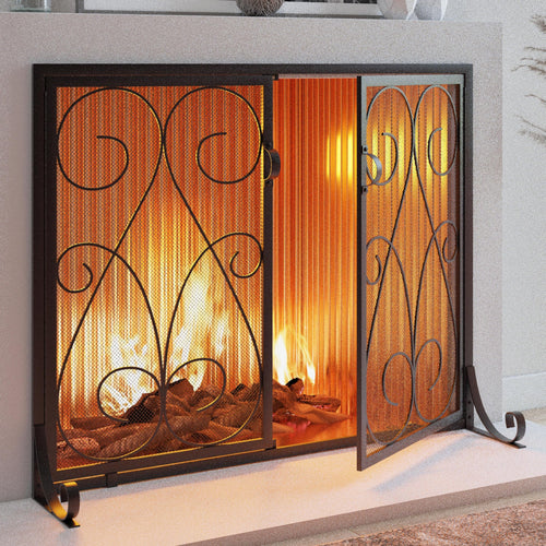 2-Panel Wrought Iron Fireplace Screen with Doors Black F792