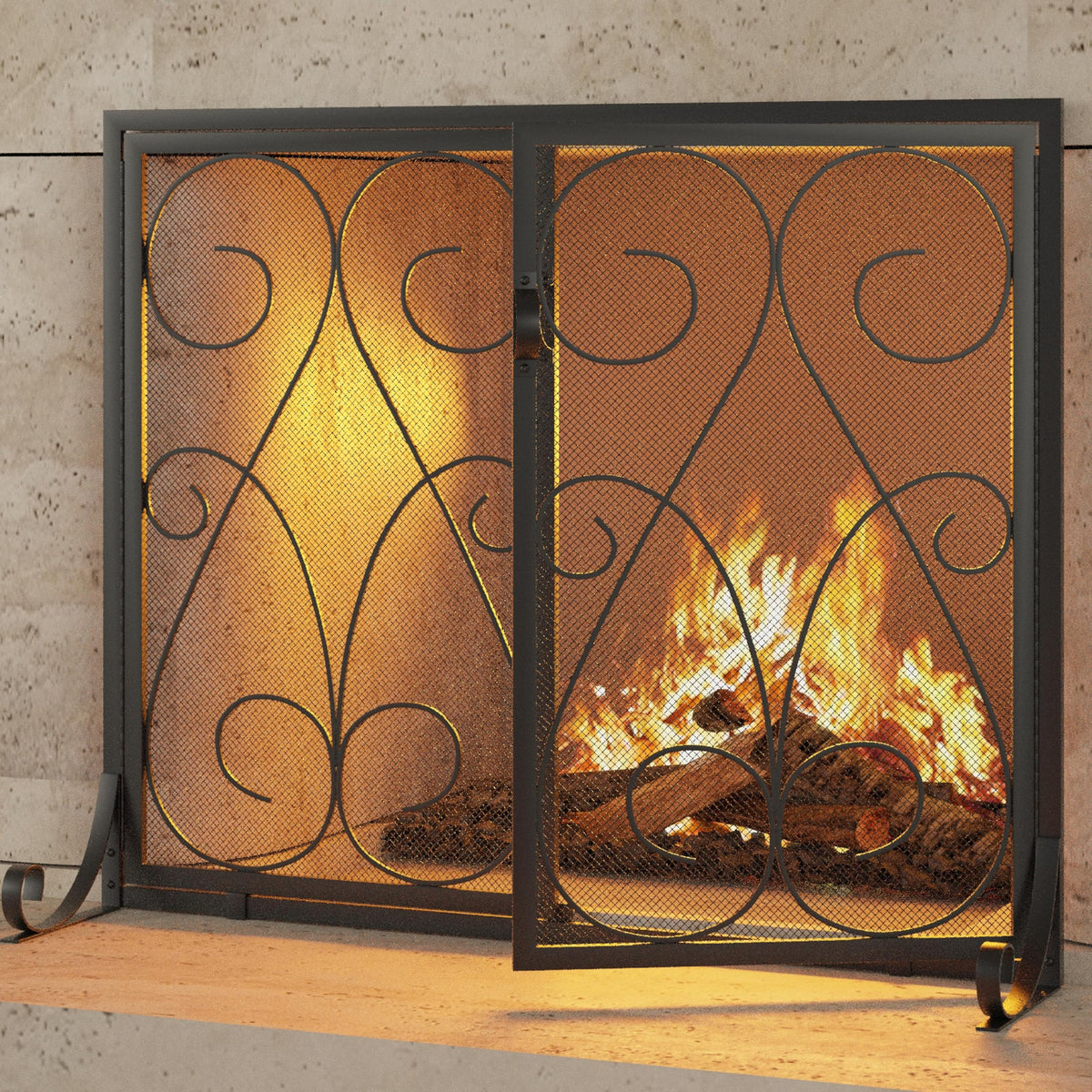 2-Panel Wrought Iron Fireplace Screen with Doors Black F792
