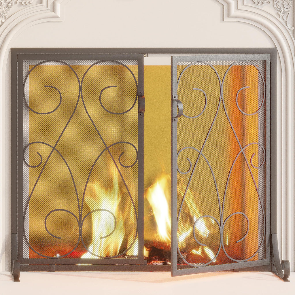 2-Panel Wrought Iron Fireplace Screen with Doors Black F792