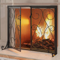 2-Panel Wrought Iron Fireplace Screen with Doors Black F792